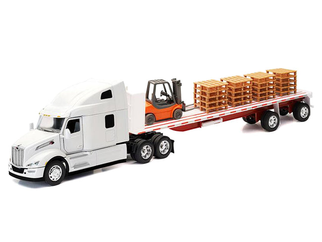 Peterbilt 579 Truck White with Flatbed Trailer White and Load of Forklift and Pallets "Long Haul Truckers" Series 1/32 Diecast Model by New Ray-New Ray-ModelCars.com