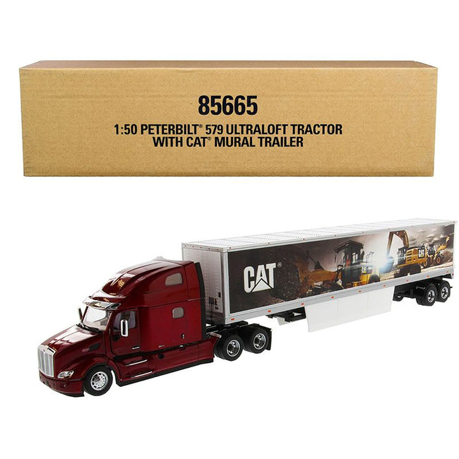 Peterbilt 579 UltraLoft Truck Tractor Red with "CAT Caterpillar" Mural Dry Van Trailer "Transport Series" 1/50 Diecast Model by Diecast Masters-Diecast Masters-ModelCars.com