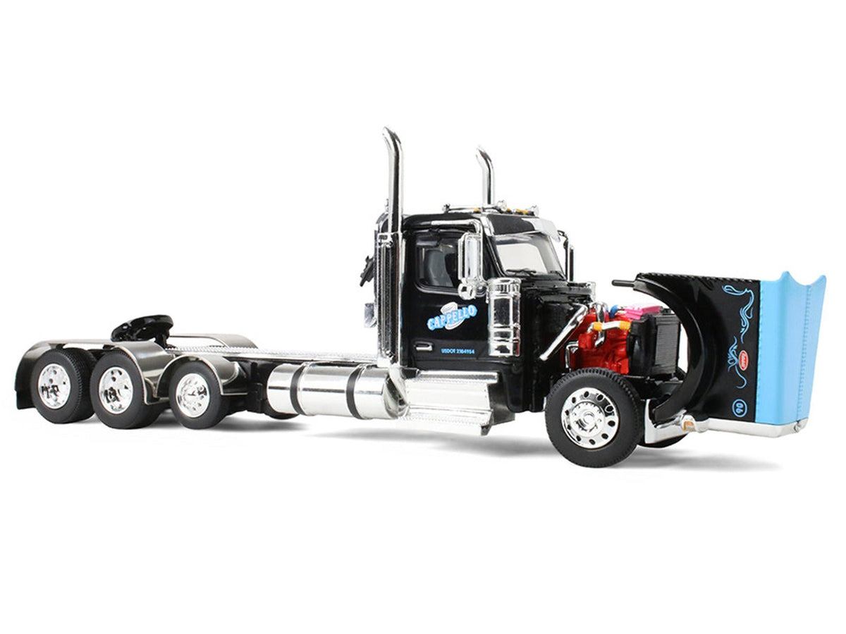 Peterbilt 589 Day Cab and Fontaine Renegade LXT40 Lowboy Trailer with Fliptail "Cappello Heavy Transport" Black with Light Blue Hood 1/64 Diecast Model by DCP/First Gear-First Gear-ModelCars.com