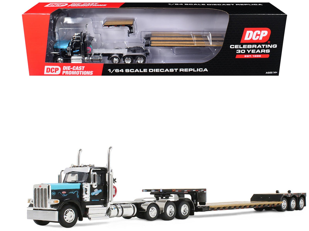 Peterbilt 589 Day Cab and Fontaine Renegade LXT40 Lowboy Trailer with Fliptail "Cappello Heavy Transport" Black with Light Blue Hood 1/64 Diecast Model by DCP/First Gear-First Gear-ModelCars.com