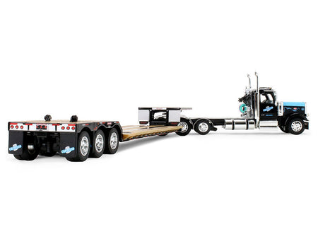 Peterbilt 589 Day Cab and Fontaine Renegade LXT40 Lowboy Trailer with Fliptail "Cappello Heavy Transport" Black with Light Blue Hood 1/64 Diecast Model by DCP/First Gear-First Gear-ModelCars.com