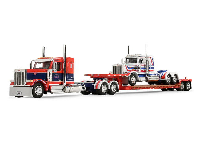 Peterbilt 589 with 44" Flat Top Sleeper Red with Blue Stripes and Fontaine Renegade LXT40 Lowboy Trailer with Peterbilt 359 Load White with Blue and Red Stripes "America 250" 1/64 Diecast Model by DCP/First Gear-First Gear-ModelCars.com