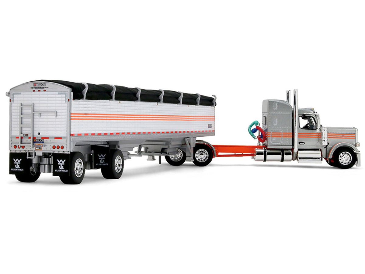Peterbilt 589 with 58" Mid-Roof Sleeper and 50' Wilson Pacesetter Grain Trailer Silver Metallic with Orange Stripes 1/64 Diecast Model by DCP/First Gear-First Gear-ModelCars.com