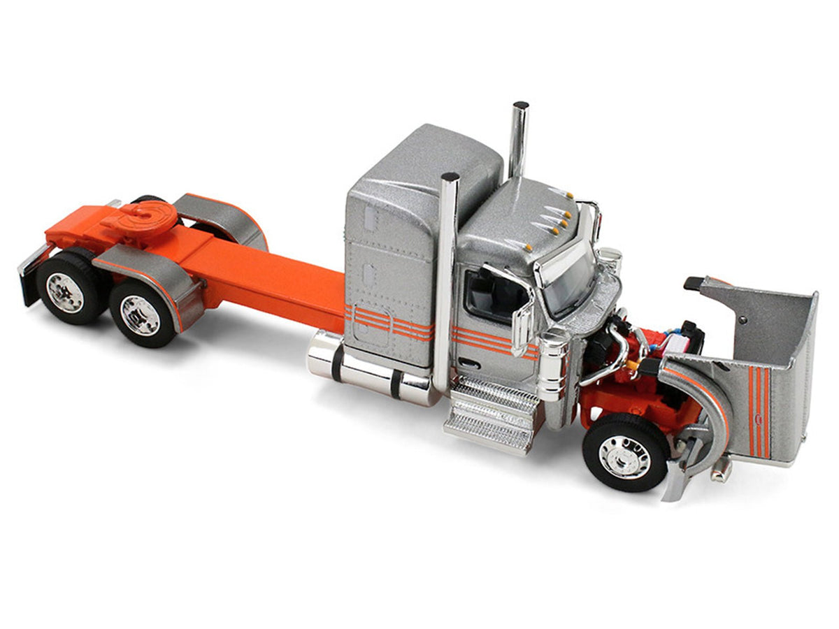 Peterbilt 589 with 58" Mid-Roof Sleeper and 50' Wilson Pacesetter Grain Trailer Silver Metallic with Orange Stripes 1/64 Diecast Model by DCP/First Gear-First Gear-ModelCars.com