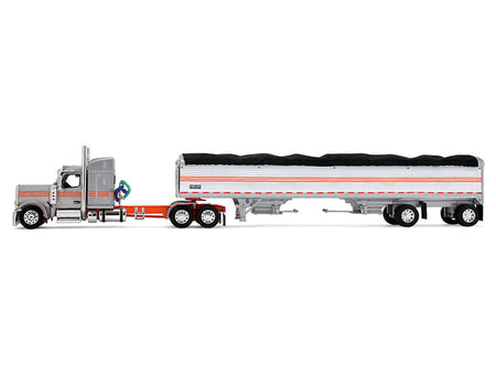 Peterbilt 589 with 58" Mid-Roof Sleeper and 50' Wilson Pacesetter Grain Trailer Silver Metallic with Orange Stripes 1/64 Diecast Model by DCP/First Gear-First Gear-ModelCars.com