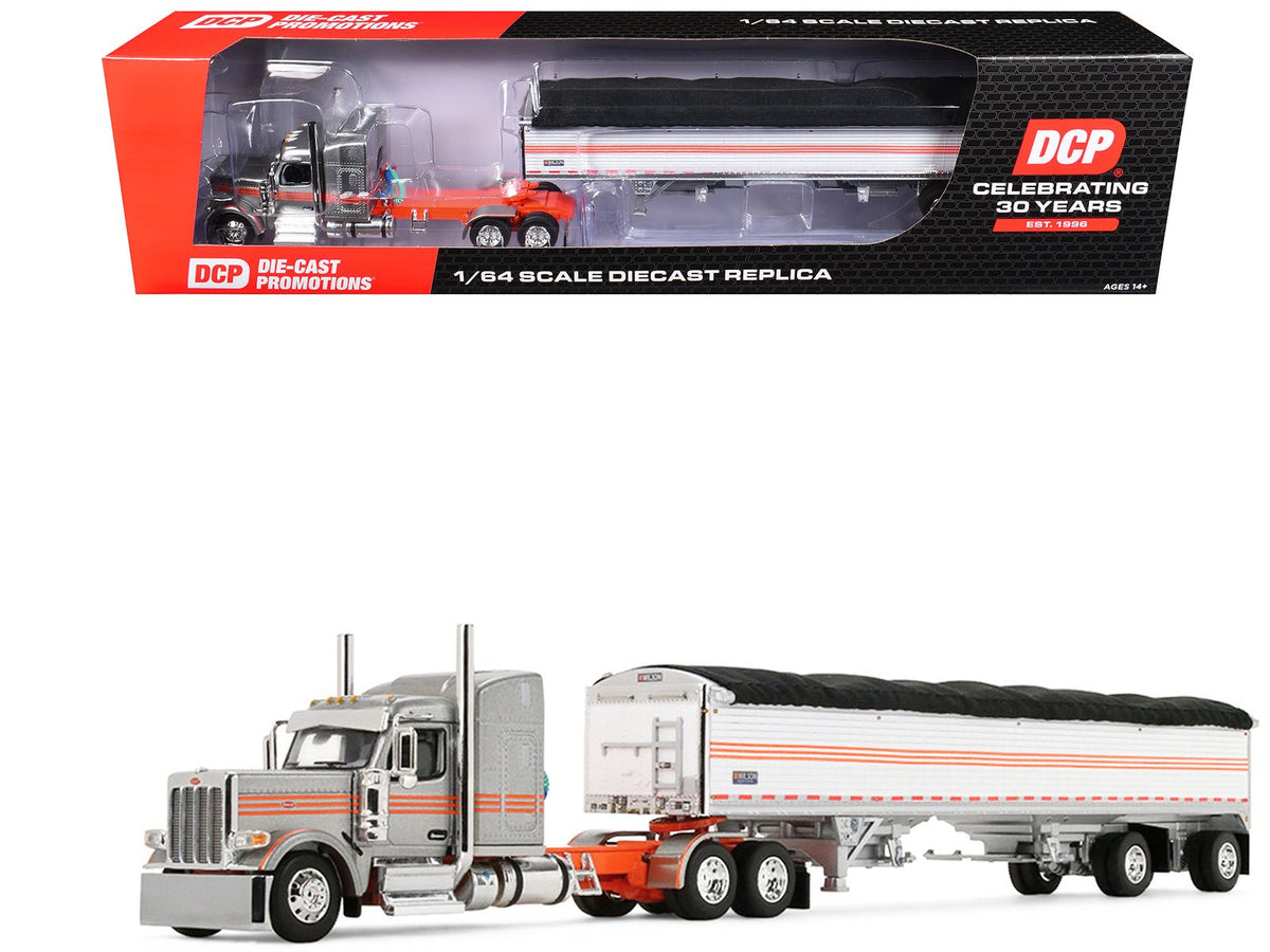 Peterbilt 589 with 58" Mid-Roof Sleeper and 50' Wilson Pacesetter Grain Trailer Silver Metallic with Orange Stripes 1/64 Diecast Model by DCP/First Gear-First Gear-ModelCars.com