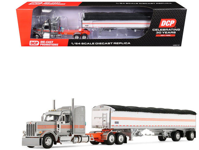 Peterbilt 589 with 58" Mid-Roof Sleeper and 50' Wilson Pacesetter Grain Trailer Silver Metallic with Orange Stripes 1/64 Diecast Model by DCP/First Gear-First Gear-ModelCars.com