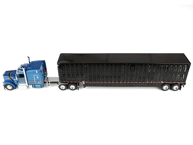 Peterbilt 589 with 72" Mid-Roof Sleeper and Wilson Silverstar Livestock Trailer Bright Blue with Black Stripes and Trailer 1/64 Diecast Model by DCP/First Gear-First Gear-ModelCars.com