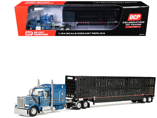 Peterbilt 589 with 72" Mid-Roof Sleeper and Wilson Silverstar Livestock Trailer Bright Blue with Black Stripes and Trailer 1/64 Diecast Model by DCP/First Gear-First Gear-ModelCars.com