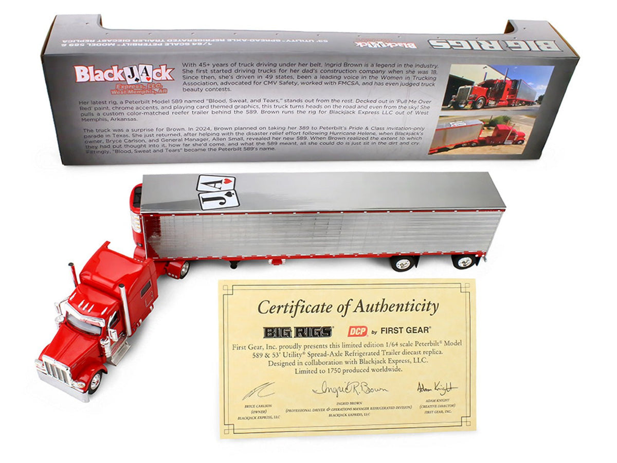 Peterbilt 589 with 78" Mid-Roof Sleeper and 53' Utility Trailer with Reefer "Blackjack Express LLC" Red "Big Rigs" Series II 6 1/64 Diecast Model by DCP/First Gear-First Gear-ModelCars.com