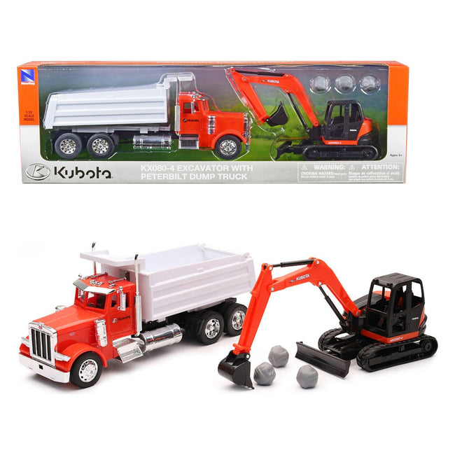 Peterbilt Dump Truck Orange and White and Kubota KX080 - 4 Excavator Orange and Black with Rocks 1/32 Diecast Model by New Ray - New Ray - ModelCars.com