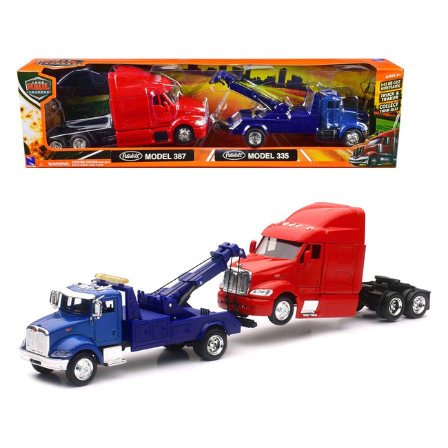 Peterbilt Model 335 Tow Truck Blue and Peterbilt Model 387 Cab Red Set of 2 Pieces 1/43 by New Ray - New Ray - ModelCars.com