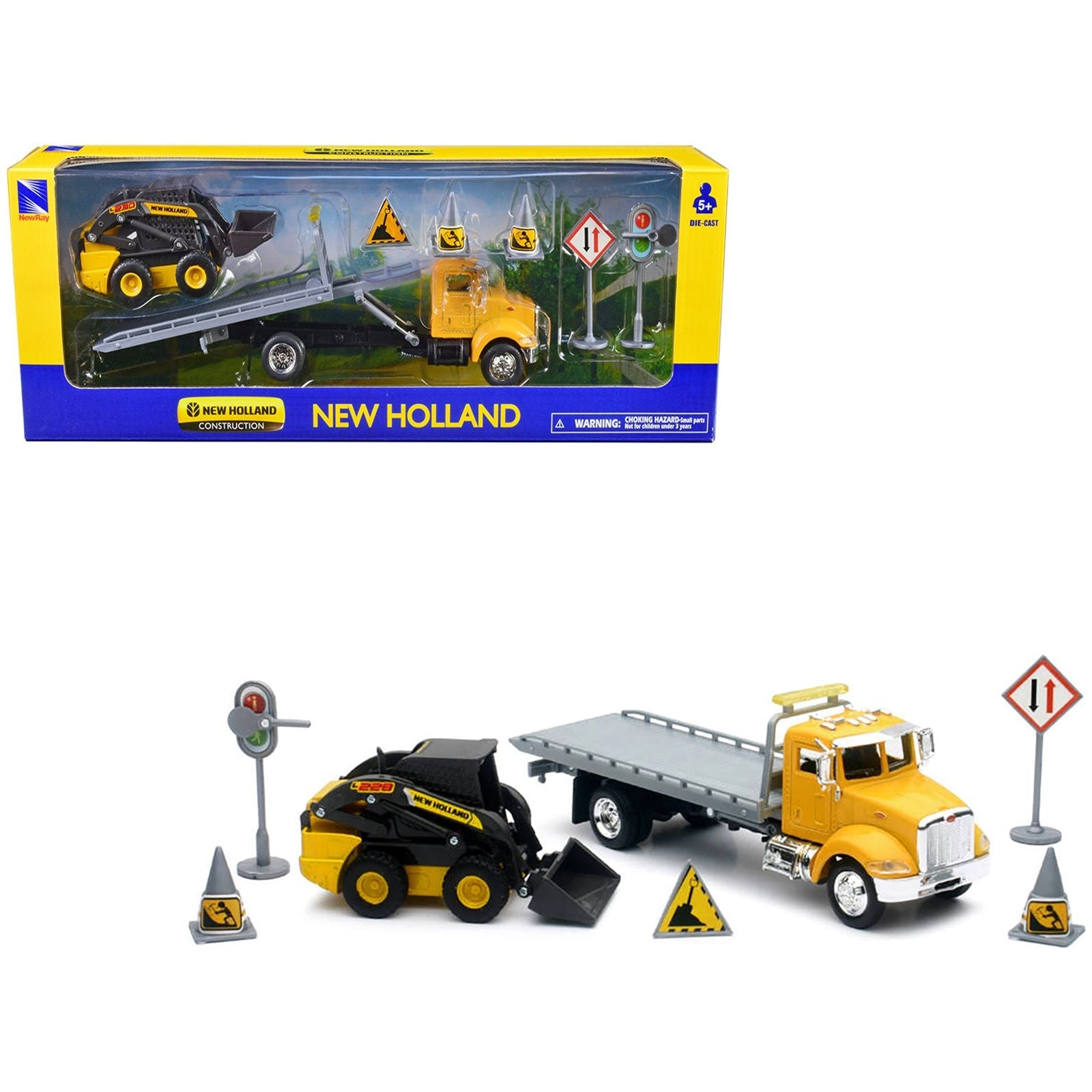 Peterbilt Roll - Off Flatbed Truck Yellow and New Holland L228 Skid Steer Yellow with Road Signs "New Holland Construction" Series 1/43 Diecast Model by New Ray - New Ray - ModelCars.com