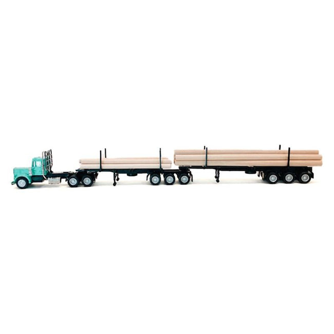 Peterbilt Super B Log Truck and Trailer Blue with Log Accessories 1/87 (HO) Plastic Model Car by Promotex - Promotex - ModelCars.com