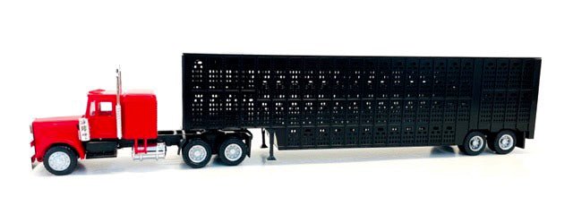 Peterbilt with Sleeper Cab Red with Black Livestock Trailer 1/87 (HO) Plastic Model Car by Promotex-Promotex-ModelCars.com