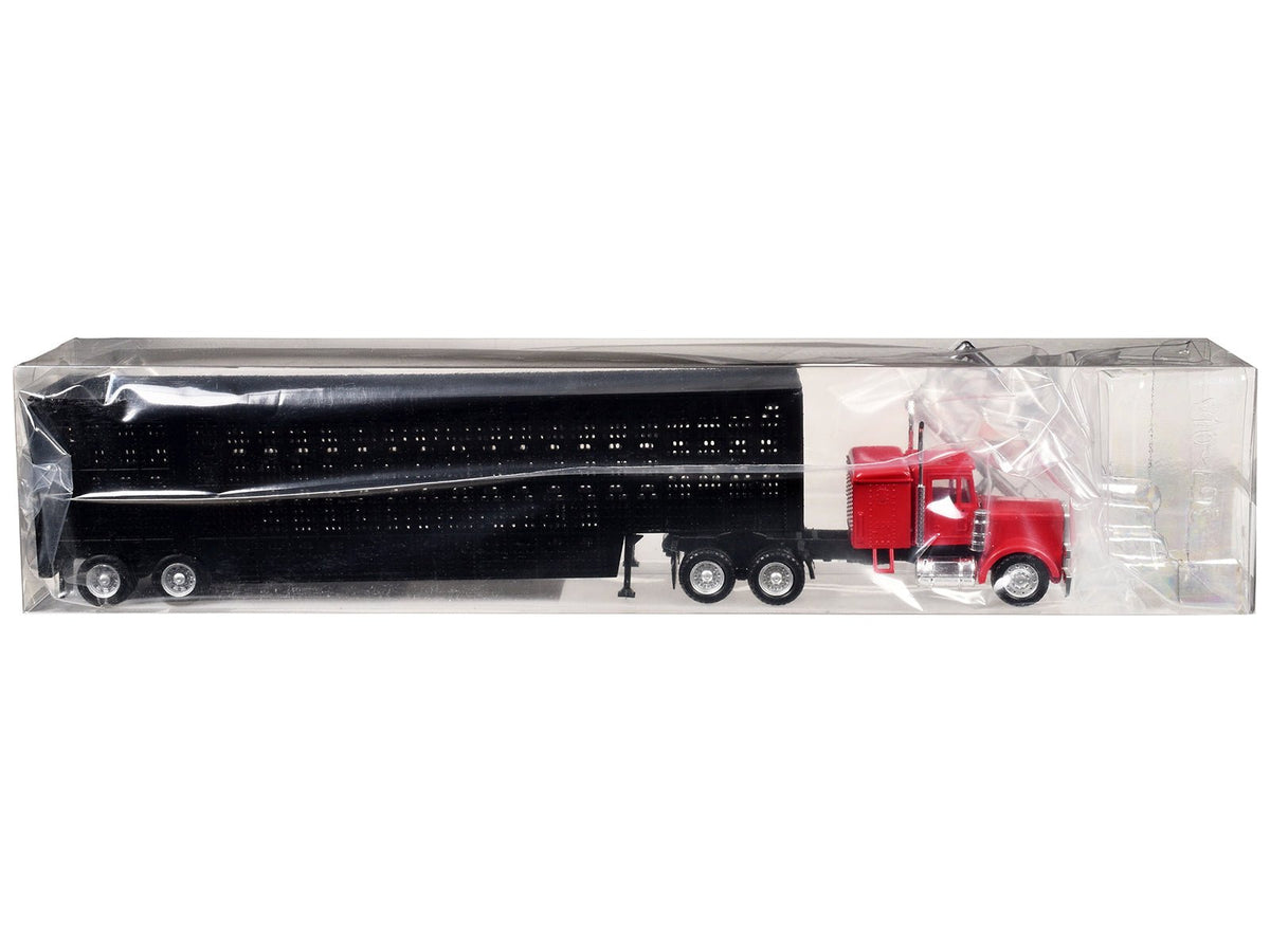 Peterbilt with Sleeper Cab Red with Black Livestock Trailer 1/87 (HO) Plastic Model Car by Promotex-Promotex-ModelCars.com