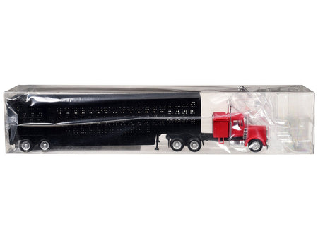 Peterbilt with Sleeper Cab Red with Black Livestock Trailer 1/87 (HO) Plastic Model Car by Promotex-Promotex-ModelCars.com