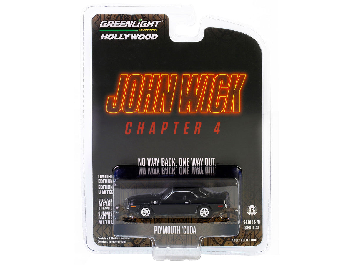 Plymouth Barracuda Black "John Wick: Chapter 4" (2023) Movie "Hollywood Series" Release 41 1/64 Diecast Model Car by Greenlight-Greenlight-ModelCars.com