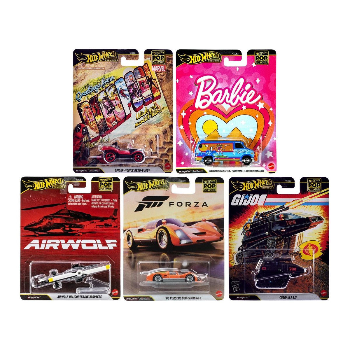 "Pop Culture 2025" 5 piece Set Q "Premium Series" Diecast Model Cars by Hot Wheels-Hotwheels-ModelCars.com