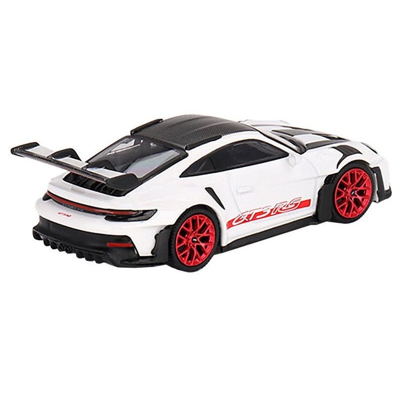 Porsche 911 (992) GT3 RS Weissach Package White with Pyro Red and Carbon Stripes and Carbon Top Limited Edition to 7200 pieces Worldwide 1/64 Diecast Model Car by Mini GT-Mini GT-ModelCars.com