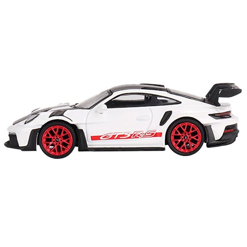 Porsche 911 (992) GT3 RS Weissach Package White with Pyro Red and Carbon Stripes and Carbon Top Limited Edition to 7200 pieces Worldwide 1/64 Diecast Model Car by Mini GT-Mini GT-ModelCars.com