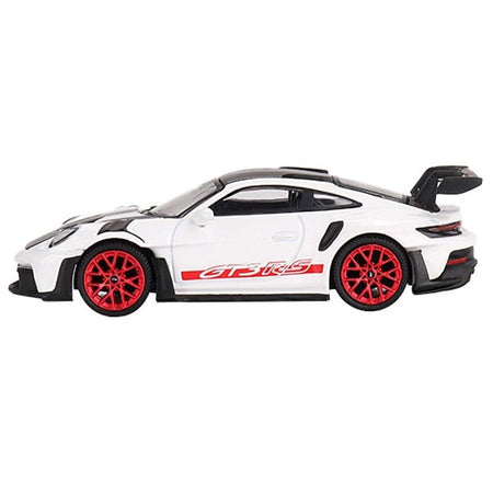 Porsche 911 (992) GT3 RS Weissach Package White with Pyro Red and Carbon Stripes and Carbon Top Limited Edition to 7200 pieces Worldwide 1/64 Diecast Model Car by Mini GT-Mini GT-ModelCars.com