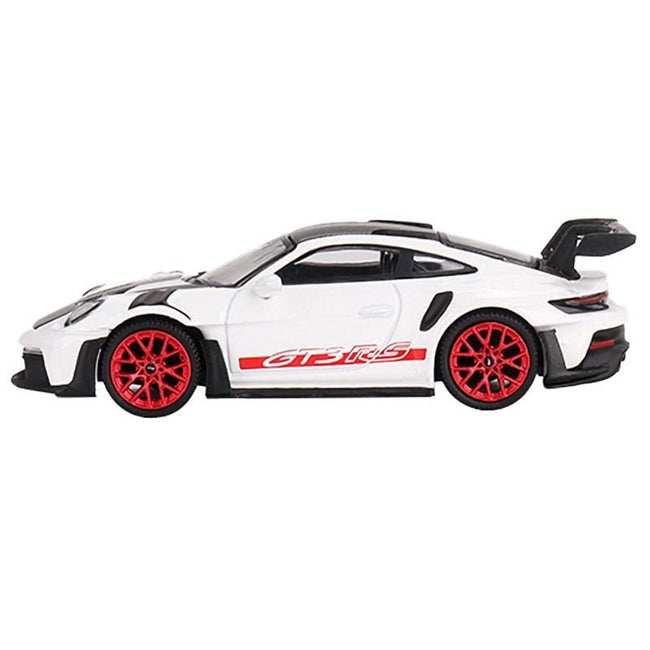 Porsche 911 (992) GT3 RS Weissach Package White with Pyro Red and Carbon Stripes and Carbon Top Limited Edition to 7200 pieces Worldwide 1/64 Diecast Model Car by Mini GT-Mini GT-ModelCars.com