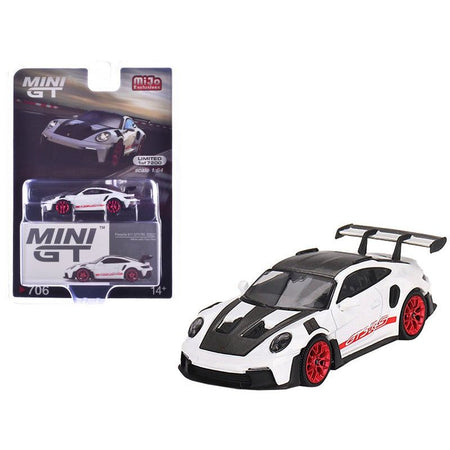 Porsche 911 (992) GT3 RS Weissach Package White with Pyro Red and Carbon Stripes and Carbon Top Limited Edition to 7200 pieces Worldwide 1/64 Diecast Model Car by Mini GT-Mini GT-ModelCars.com