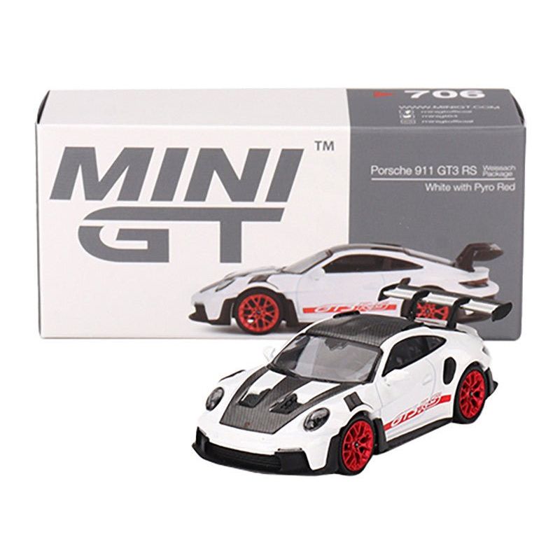 Porsche 911 (992) GT3 RS Weissach Package White with Pyro Red and Carbon Stripes and Carbon Top Limited Edition to 7200 pieces Worldwide 1/64 Diecast Model Car by Mini GT-Mini GT-ModelCars.com