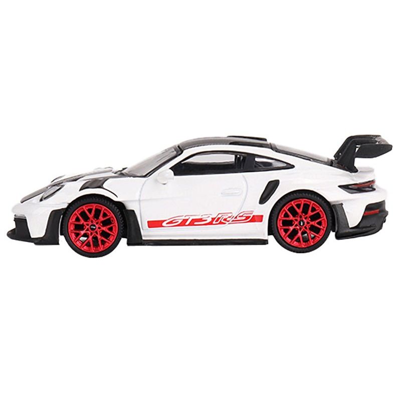 Porsche 911 (992) GT3 RS Weissach Package White with Pyro Red and Carbon Stripes and Carbon Top Limited Edition to 7200 pieces Worldwide 1/64 Diecast Model Car by Mini GT - Mini GT - ModelCars.com
