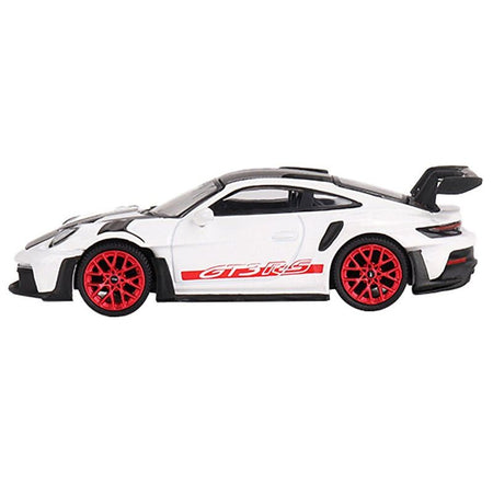 Porsche 911 (992) GT3 RS Weissach Package White with Pyro Red and Carbon Stripes and Carbon Top Limited Edition to 7200 pieces Worldwide 1/64 Diecast Model Car by Mini GT - Mini GT - ModelCars.com