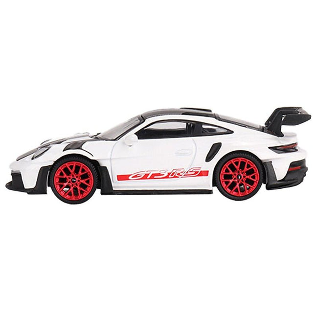 Porsche 911 (992) GT3 RS Weissach Package White with Pyro Red and Carbon Stripes and Carbon Top Limited Edition to 7200 pieces Worldwide 1/64 Diecast Model Car by Mini GT - Mini GT - ModelCars.com