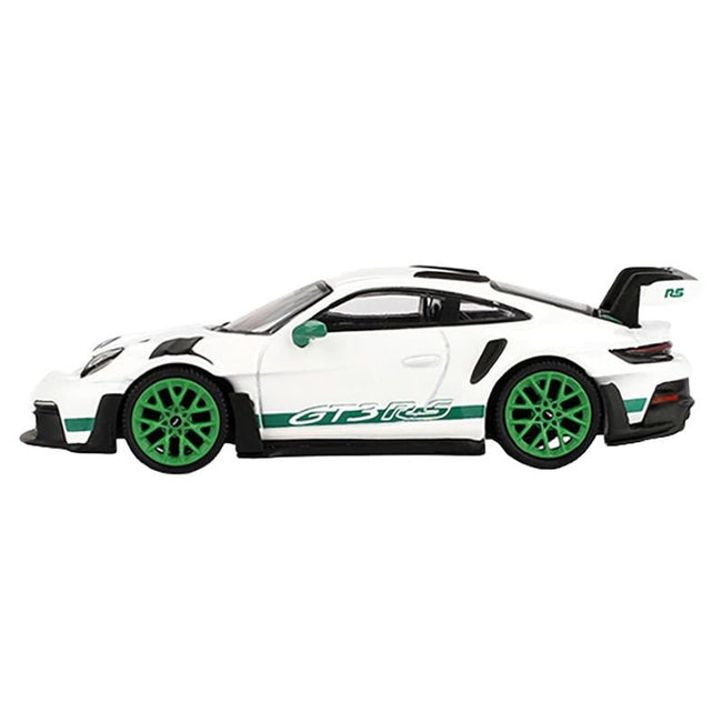 Porsche 911 (992) GT3 RS White with Green Stripes and Wheels "Tribute to Carrera RS Package" Limited Edition 1/64 Diecast Model Car by Mini GT-Mini GT-ModelCars.com