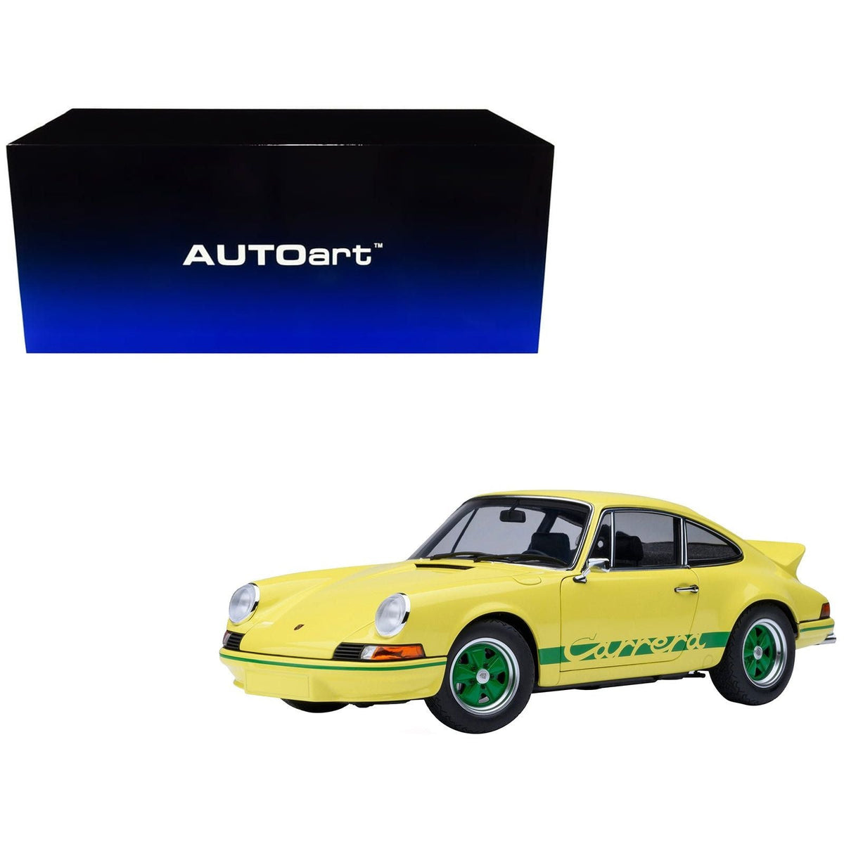 Porsche 911 Carrera 2.7 RS Light Yellow with Green Stripes and Wheels 1/18 Model Car by Autoart-Autoart-ModelCars.com