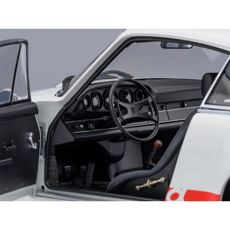Porsche 911 Carrera 2.7 RS "The Circuit Wolf" White with Red Stripes and Wheels with Hood Graphics 1/18 Model Car by Autoart-Autoart-ModelCars.com