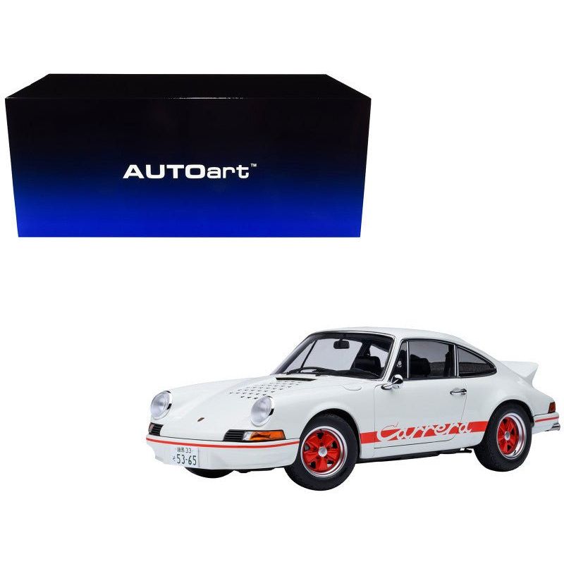 Porsche 911 Carrera 2.7 RS "The Circuit Wolf" White with Red Stripes and Wheels with Hood Graphics 1/18 Model Car by Autoart-Autoart-ModelCars.com