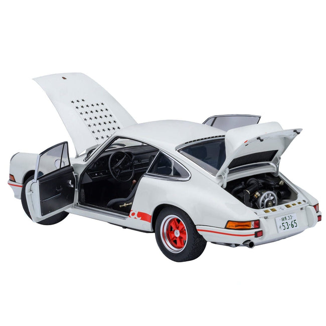 Porsche 911 Carrera 2.7 RS "The Circuit Wolf" White with Red Stripes and Wheels with Hood Graphics 1/18 Model Car by Autoart-Autoart-ModelCars.com
