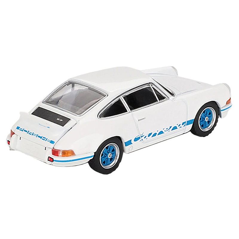 Porsche 911 Carrera RS 2.7 Grand Prix White with Blue Stripes and Wheels Limited Edition to 4800 pieces Worldwide 1/64 Diecast Model Car by Mini GT-Mini GT-ModelCars.com