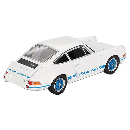 Porsche 911 Carrera RS 2.7 Grand Prix White with Blue Stripes and Wheels Limited Edition to 4800 pieces Worldwide 1/64 Diecast Model Car by Mini GT-Mini GT-ModelCars.com