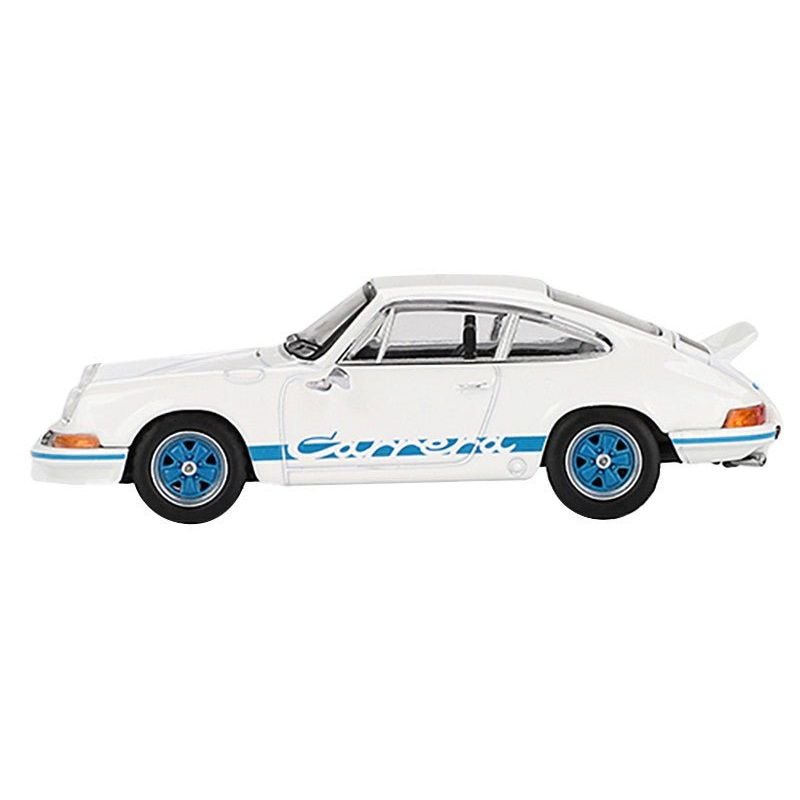 Porsche 911 Carrera RS 2.7 Grand Prix White with Blue Stripes and Wheels Limited Edition to 4800 pieces Worldwide 1/64 Diecast Model Car by Mini GT-Mini GT-ModelCars.com