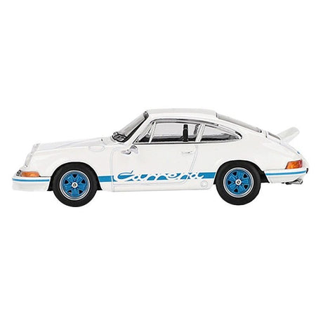 Porsche 911 Carrera RS 2.7 Grand Prix White with Blue Stripes and Wheels Limited Edition to 4800 pieces Worldwide 1/64 Diecast Model Car by Mini GT-Mini GT-ModelCars.com