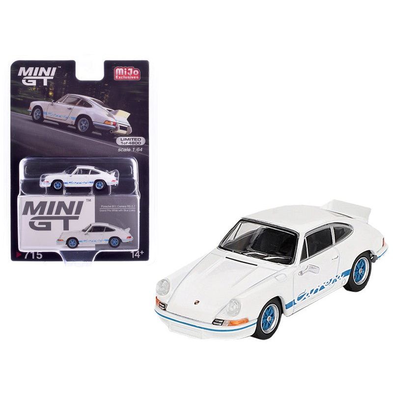 Porsche 911 Carrera RS 2.7 Grand Prix White with Blue Stripes and Wheels Limited Edition to 4800 pieces Worldwide 1/64 Diecast Model Car by Mini GT - Mini GT - ModelCars.com