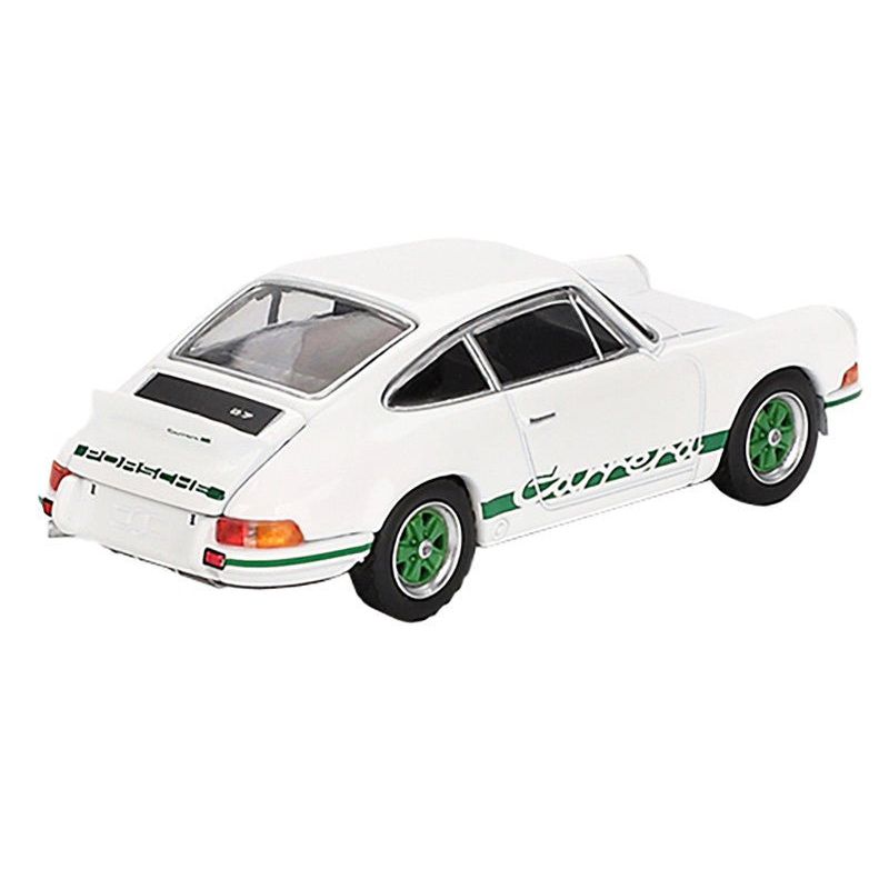 Porsche 911 Carrera RS 2.7 Grand Prix White with Green Stripes and Wheels Limited Edition 1/64 Diecast Model Car by Mini GT - Mini GT - ModelCars.com