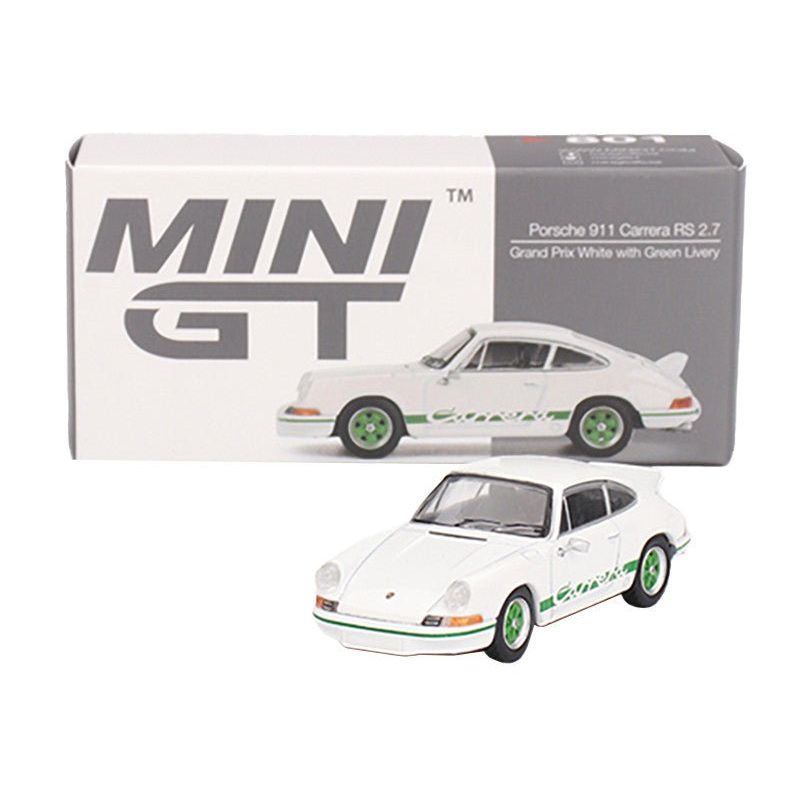 Porsche 911 Carrera RS 2.7 Grand Prix White with Green Stripes and Wheels Limited Edition 1/64 Diecast Model Car by Mini GT - Mini GT - ModelCars.com