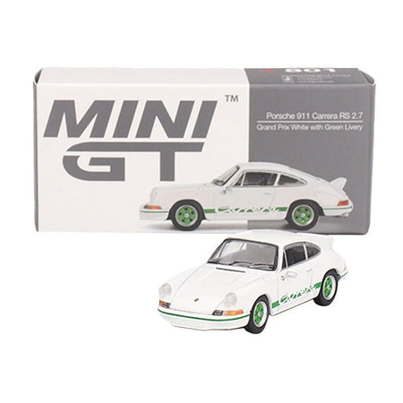Porsche 911 Carrera RS 2.7 Grand Prix White with Green Stripes and Wheels Limited Edition 1/64 Diecast Model Car by Mini GT - Mini GT - ModelCars.com