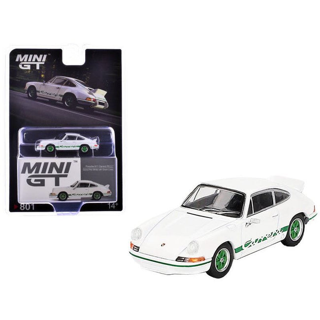 Porsche 911 Carrera RS 2.7 Grand Prix White with Green Stripes and Wheels Limited Edition 1/64 Diecast Model Car by Mini GT-Mini GT-ModelCars.com