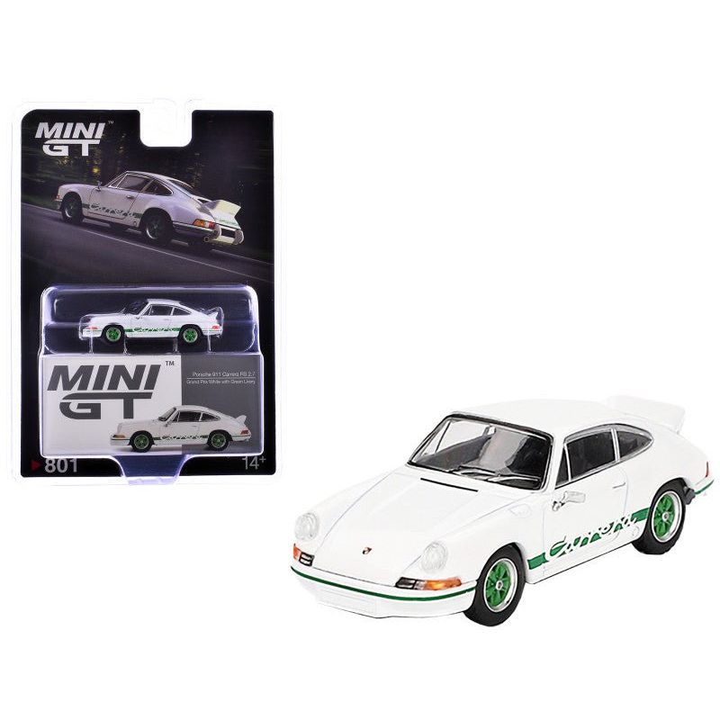 Porsche 911 Carrera RS 2.7 Grand Prix White with Green Stripes and Wheels Limited Edition 1/64 Diecast Model Car by Mini GT - Mini GT - ModelCars.com