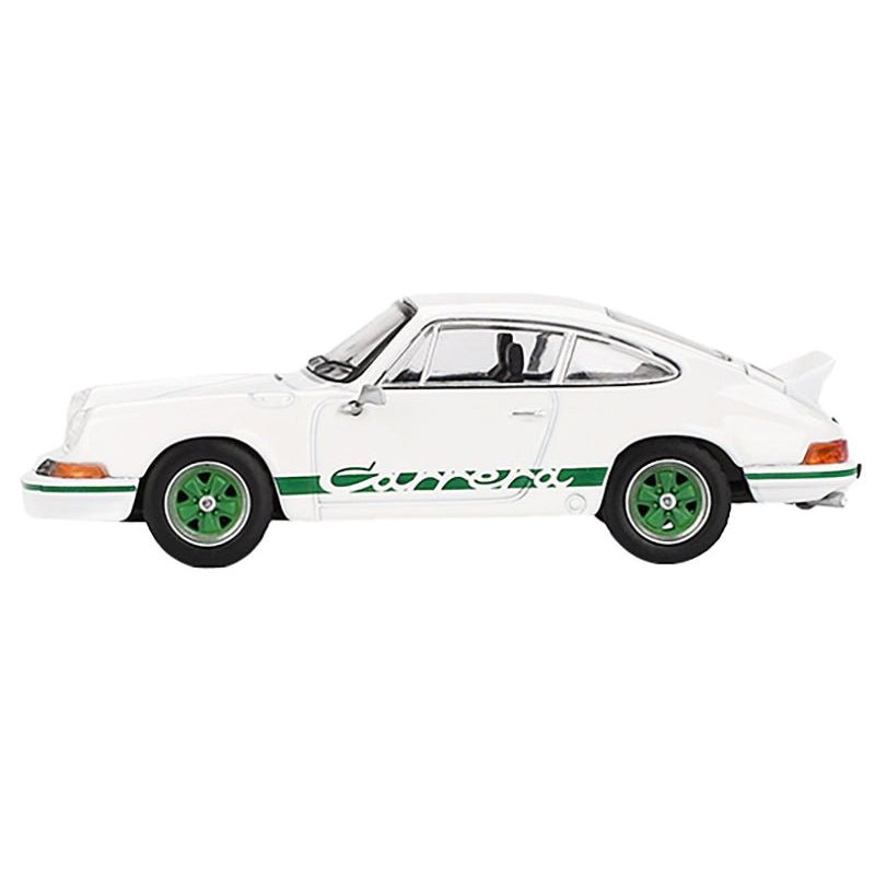 Porsche 911 Carrera RS 2.7 Grand Prix White with Green Stripes and Wheels Limited Edition 1/64 Diecast Model Car by Mini GT - Mini GT - ModelCars.com