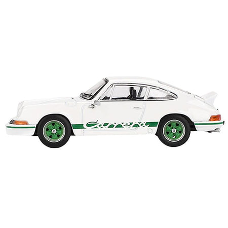 Porsche 911 Carrera RS 2.7 Grand Prix White with Green Stripes and Wheels Limited Edition 1/64 Diecast Model Car by Mini GT - Mini GT - ModelCars.com