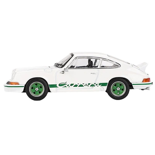 Porsche 911 Carrera RS 2.7 Grand Prix White with Green Stripes and Wheels Limited Edition 1/64 Diecast Model Car by Mini GT-Mini GT-ModelCars.com